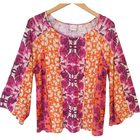 Chico's Mystic Batik Print Flare-Sleeve Top Orange Purple - Size 12 (2) - Picture 3 of 12